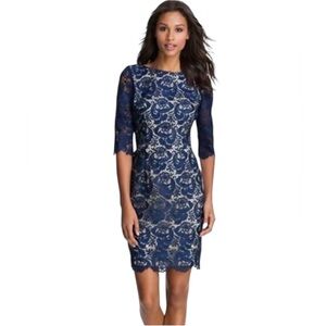 Eliza J Royal Blue Lace Dress with Nude Underlay & 3/4 Sleeves Size 10